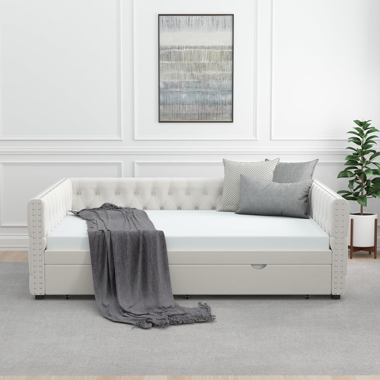 KNeretva Velvet Full Daybed with Twin Trundle, Modern Upholstered Full Size Day Bed Button-Tufted Sofa Daybed Frame (Black)