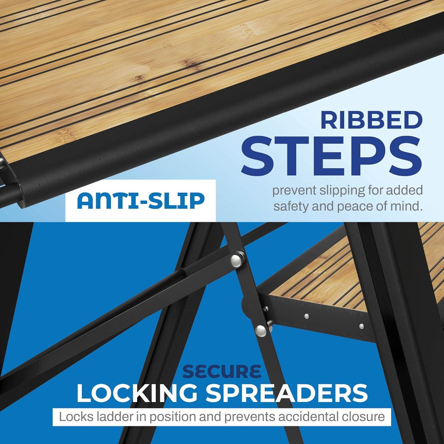 Step Ladder 4 Step Modern  - Beautiful Bamboo & Black Aluminum  - By SORFEY