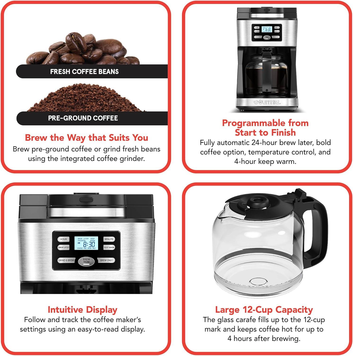 Gourmia 12-Cup Programmable Grind & Brew Coffee Maker: Stainless Steel, Dishwasher-Safe Parts