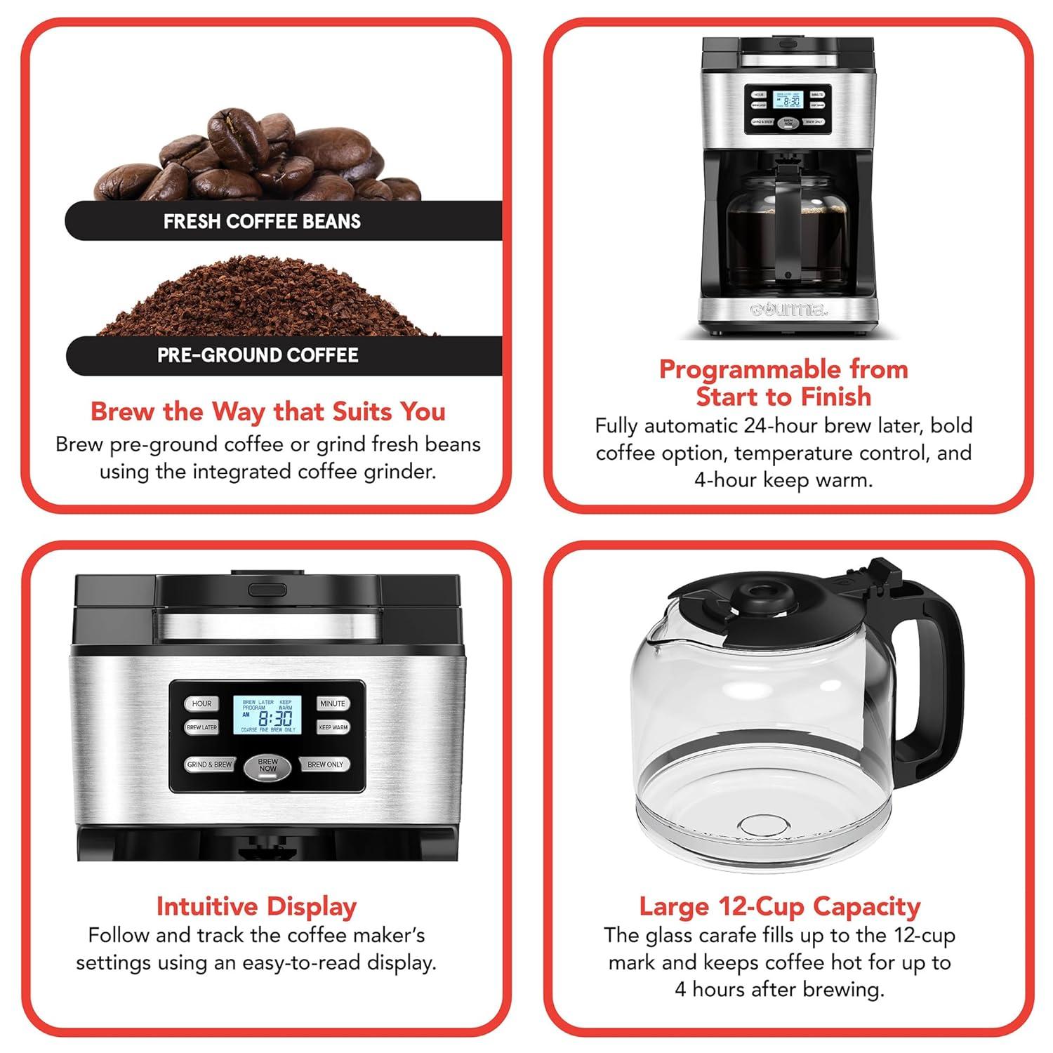 Gourmia 12-Cup Programmable Grind & Brew Coffee Maker: Stainless Steel, Dishwasher-Safe Parts