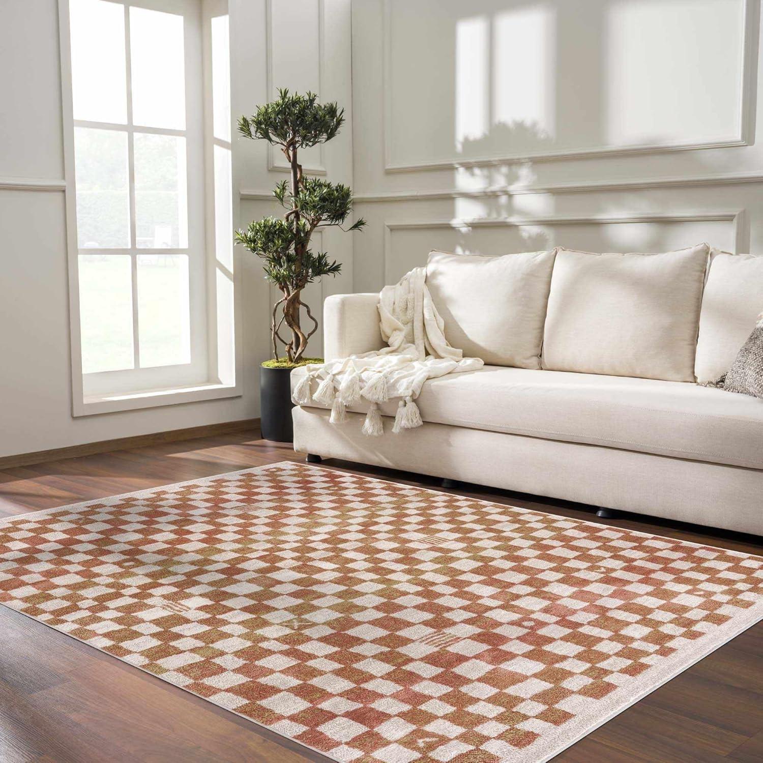 Cream and Beige Geometric Checkered Area Rug 5'3" x 7'