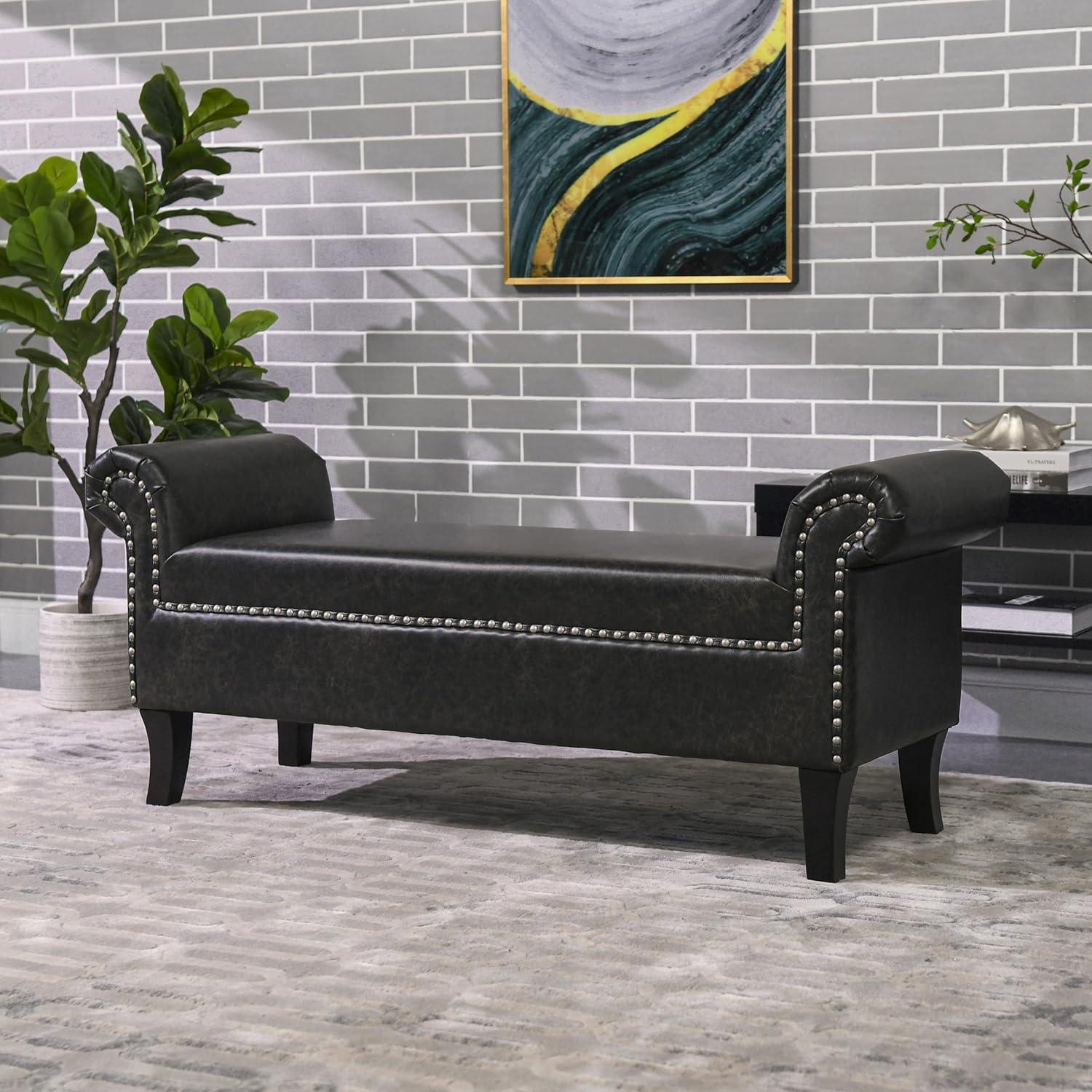 Kathy Roll Arm Entryway Accent Bench Vintage Black Brown Faux Leather