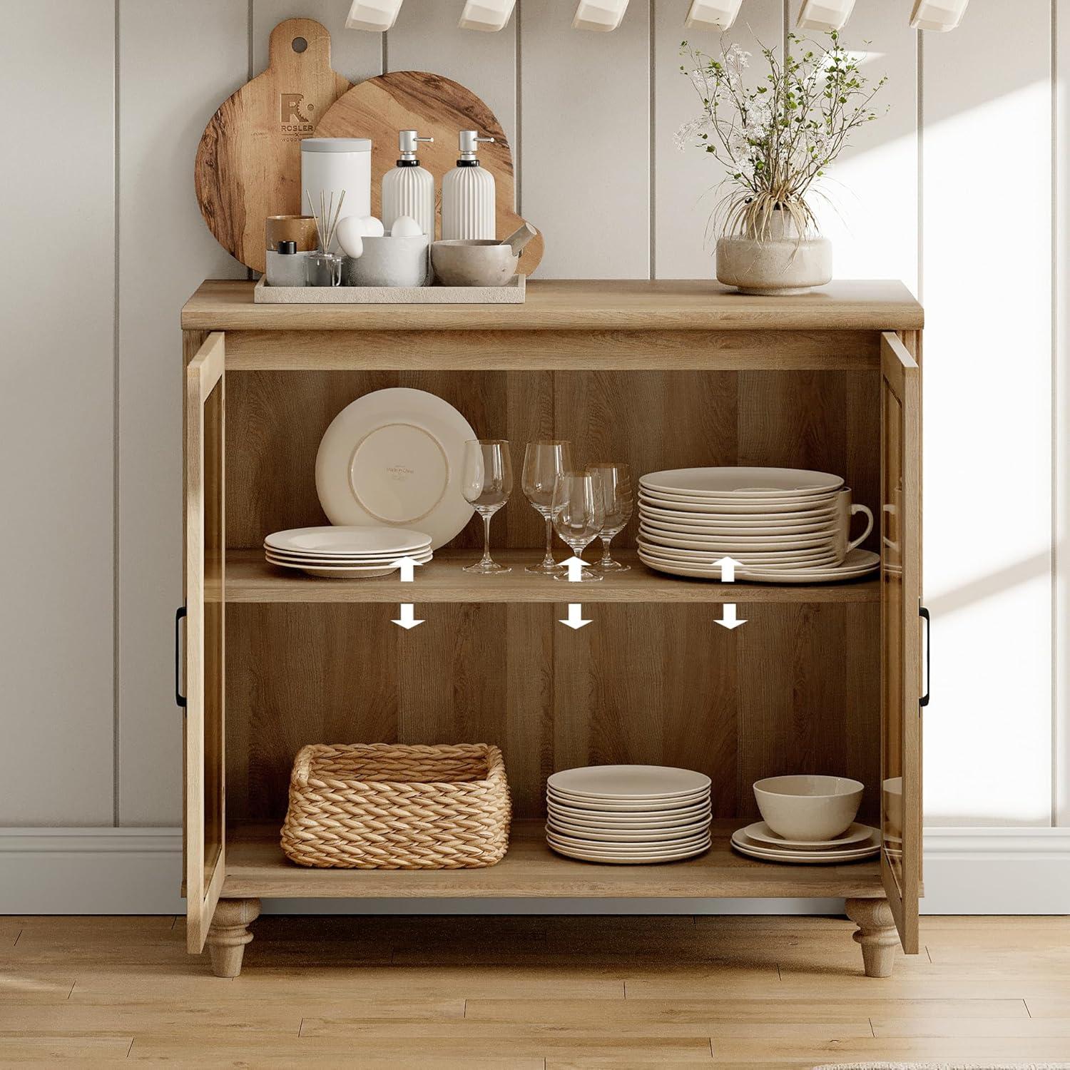 Oak 68'' Glass Door Sideboard Buffet Cabinet with Adjustable Shelf