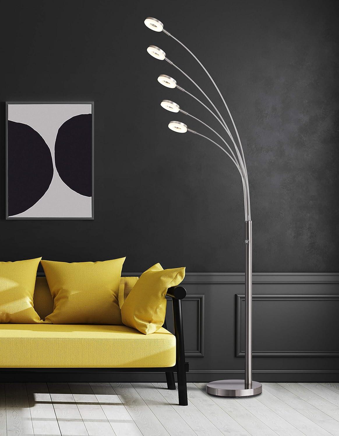 Satin Nickel Adjustable 5-Arched LED Floor Lamp with Touch Dimmer