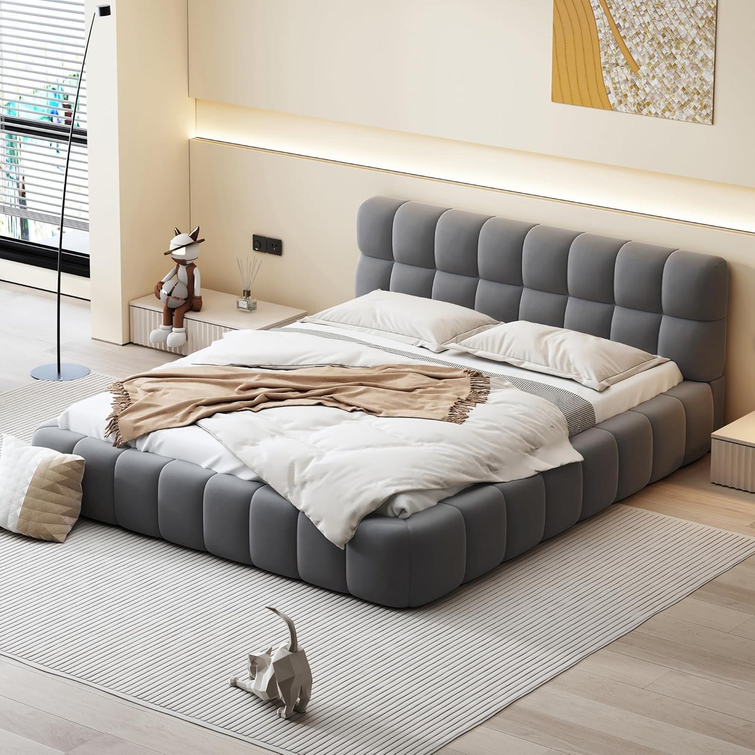 Gray Queen Size Upholstered Linen Platform Bed with Headboard