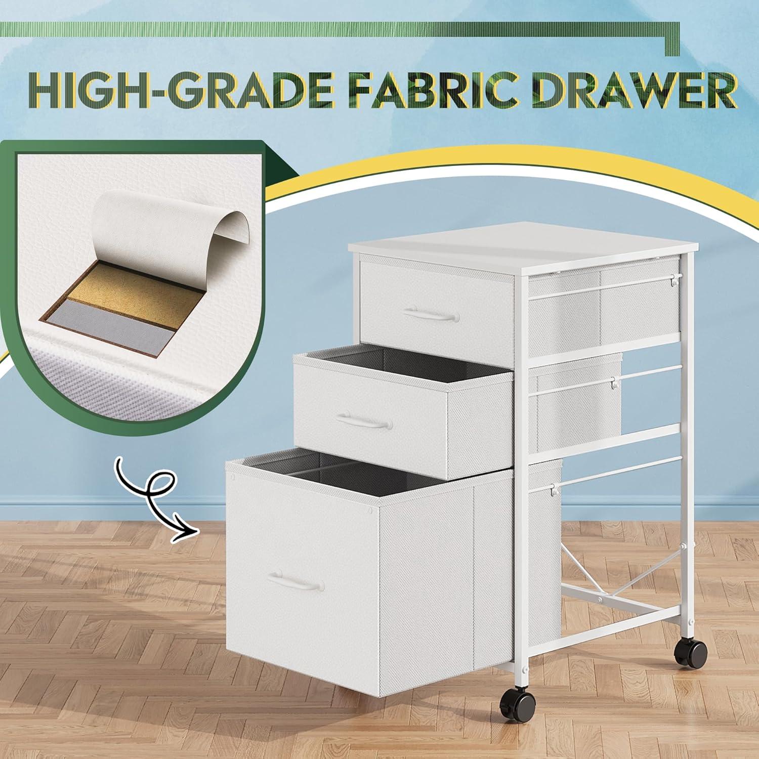 White Fabric and Steel Mobile File Cabinet with 3 Drawers