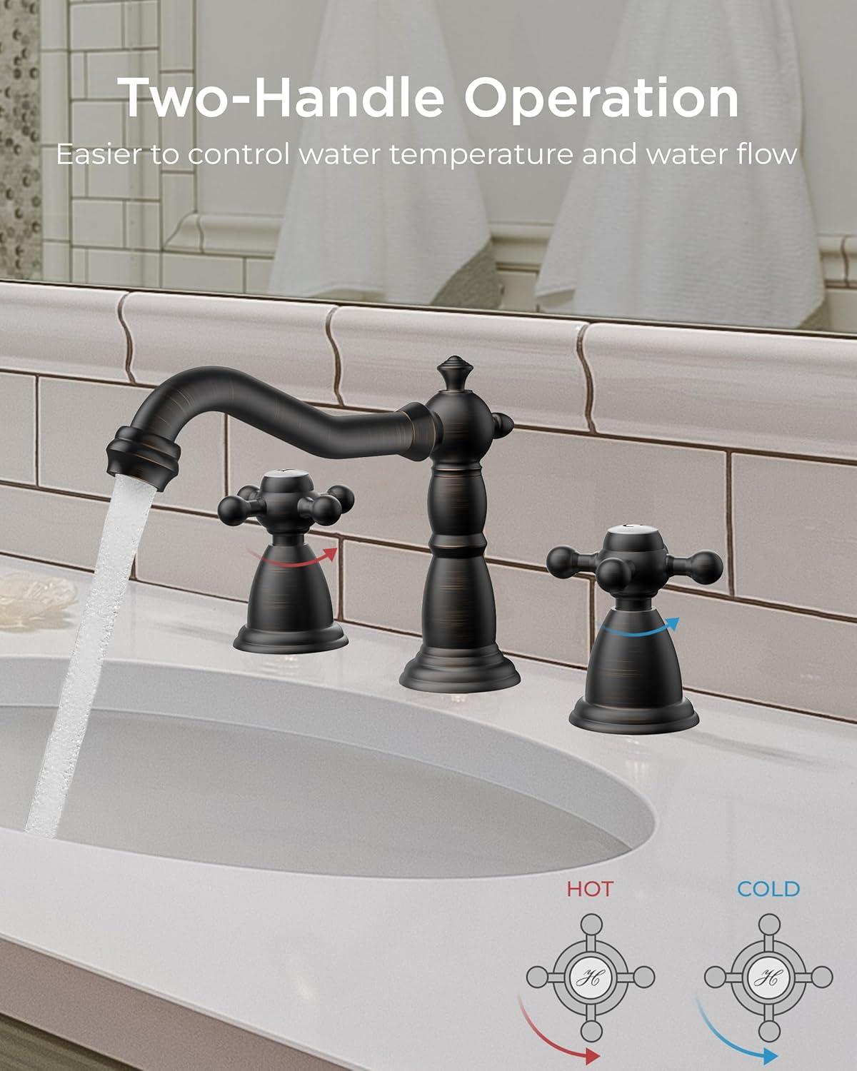FORIOUS Vintage 3 Hole Bathroom Faucets Oil Rubbed Bronze, 2 Handle 8 Inch Widespread Antique Faucet for Bathroom Vanity RV Farmhosue Sink with Metal Pop Up Drain and Supply Lines