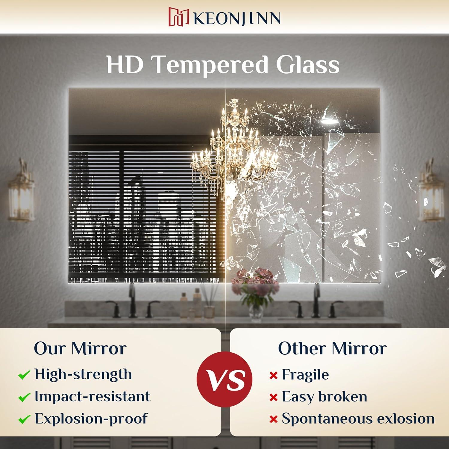 Keonjinn 40"x28" LED Backlit Mirror with Anti-Fog Dimmable Modern Rectangular Makeup Wall Mirror with Light, CRI90 Waterproof for Bathroom(Horizontal/Vertical)