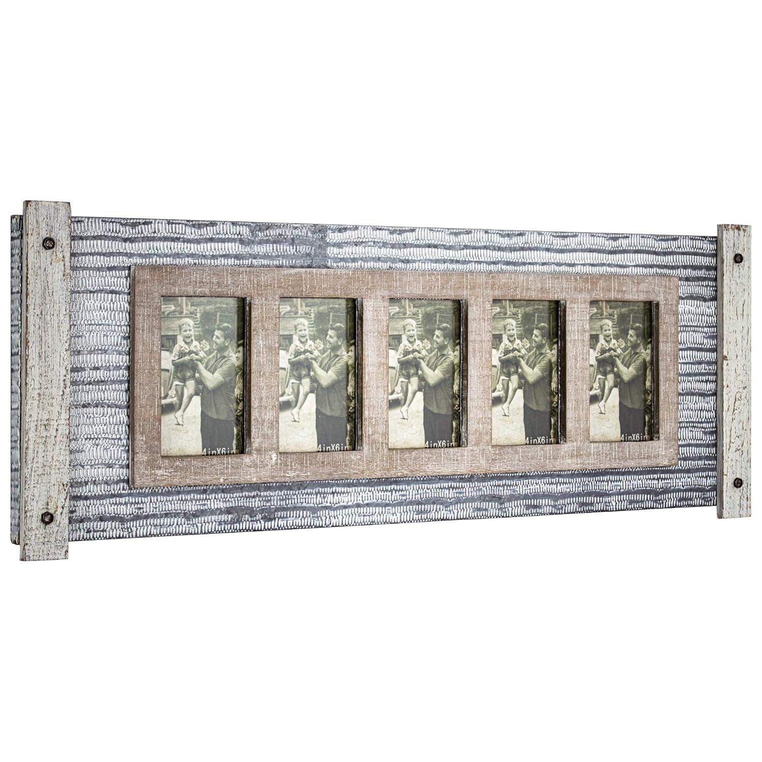 32" x 12" Rustic Wood and Metal Hanging 5 Picture Photo Frame Wall Accent - American Art Decor: Collage Display, Keyhole Mount