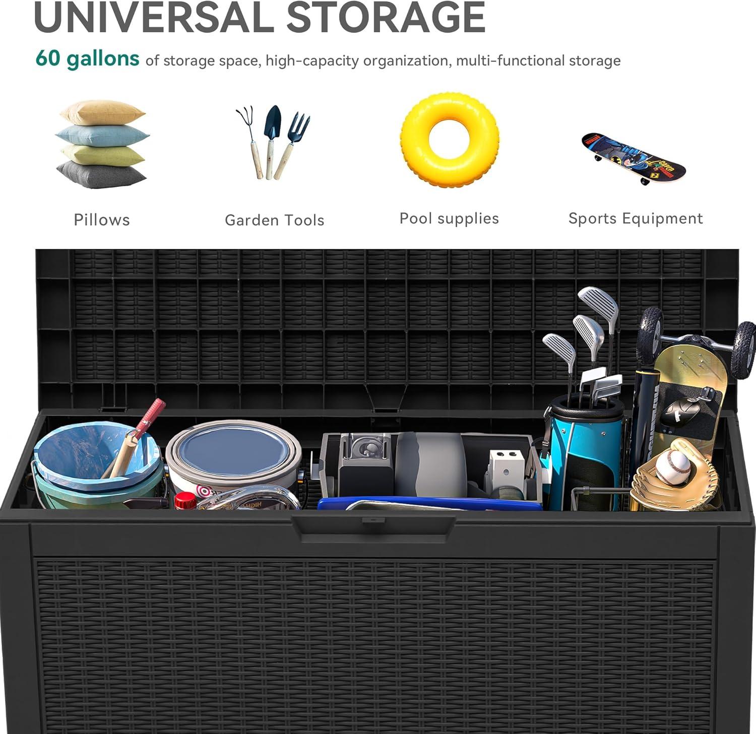 YITAHOME 32 Gallon Rattan Deck Box, Indoor Outdoor Storage Box for Patio Furniture, Pool Accessories, Cushions, Garden Tools, Sports Equipment, Waterproof Resin with Lockable Lid & Side Handles, Black