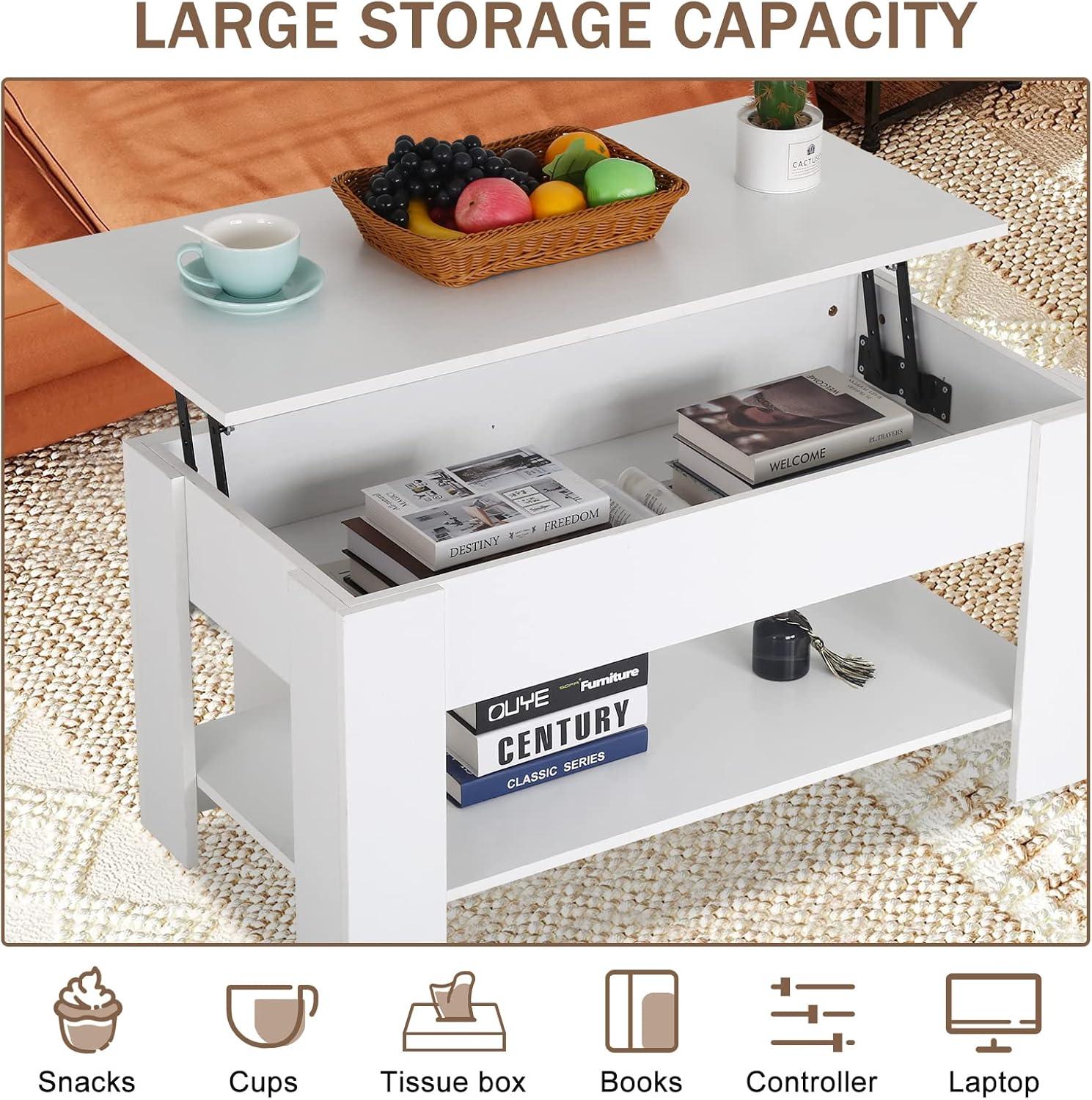 FDW Coffee Tables with Hidden Compartment and Storage Shelf Wooden Lift Tabletop Dining Table for Living Room Home (White)