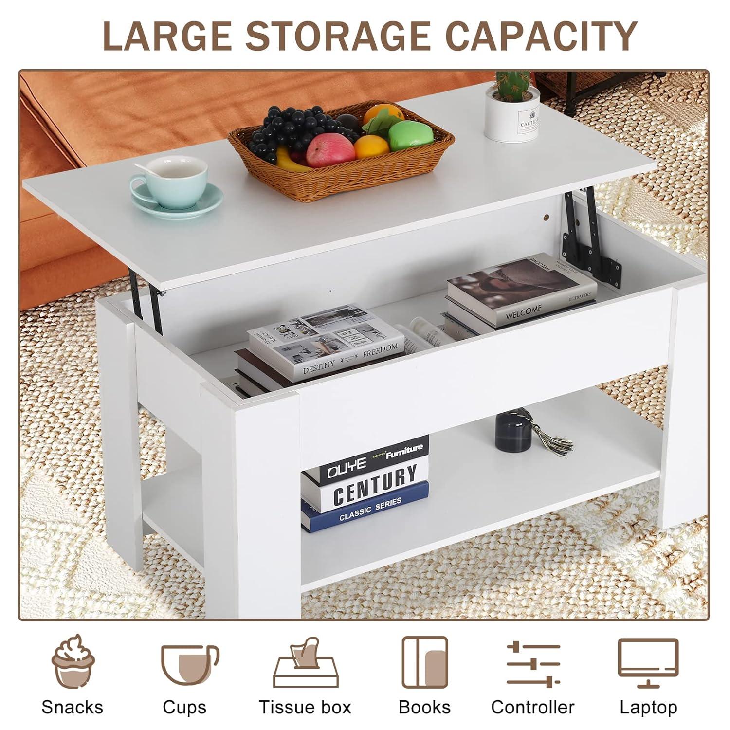 FDW Coffee Tables with Hidden Compartment and Storage Shelf Wooden Lift Tabletop Dining Table for Living Room Home (White)