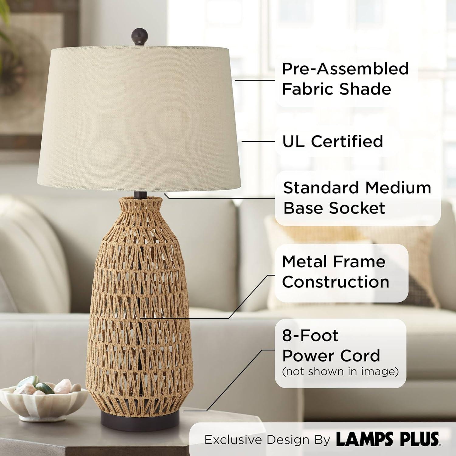 360 Lighting San Carlos Modern Coastal Table Lamp 29" Tall Natural Rattan Wicker Oatmeal Fabric Drum Shade for Bedroom Living Room Bedside Nightstand