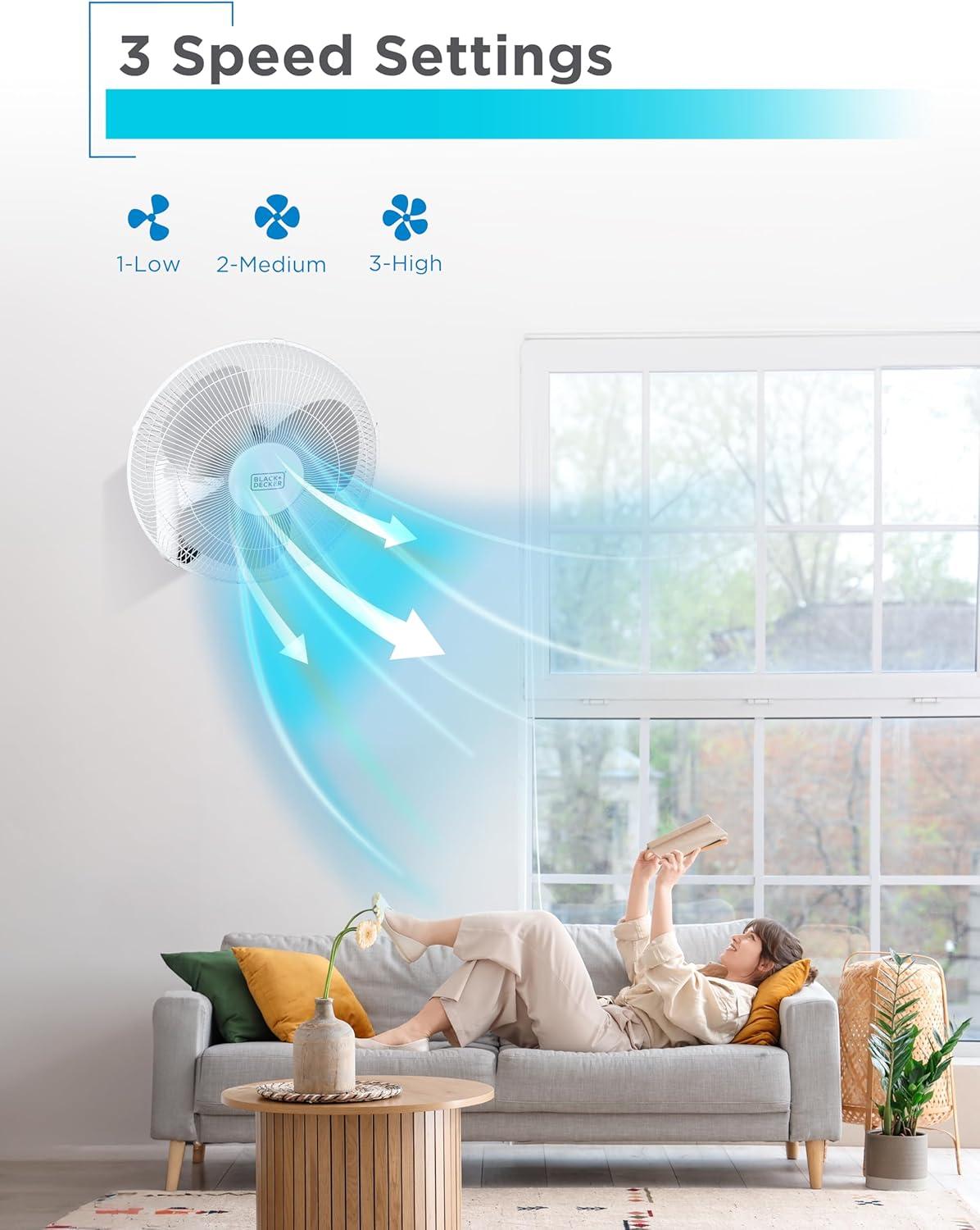 BLACK+DECKER BFP Series BLACK+DECKER 16" Wall Fan with Remote Control, Oscillating Fan with 3 Speed Settings