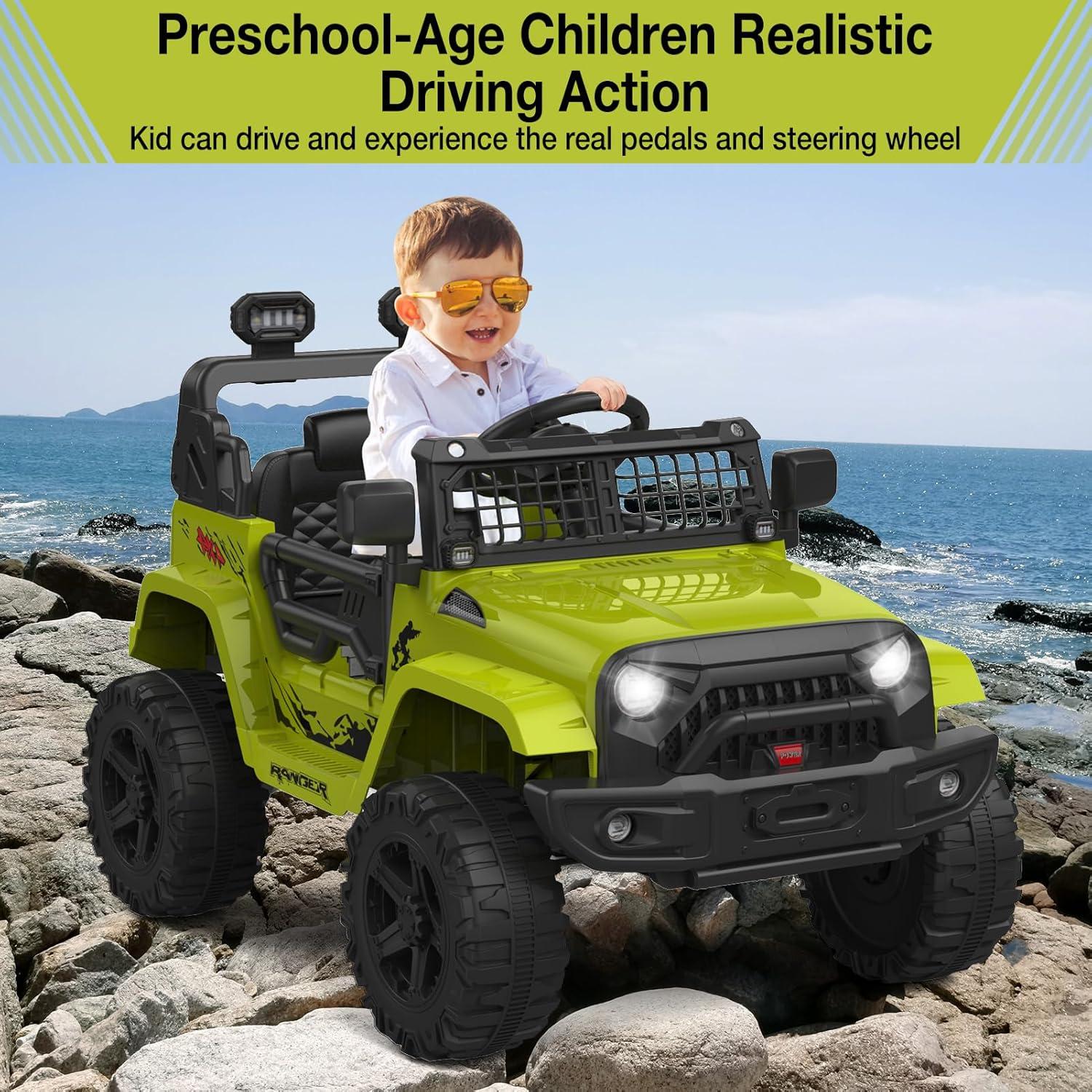 Ride on Truck Car 12V Kids Electric Vehicles with Remote Control Spring Suspension, LED Lights, Bluetooth, 2 Speeds