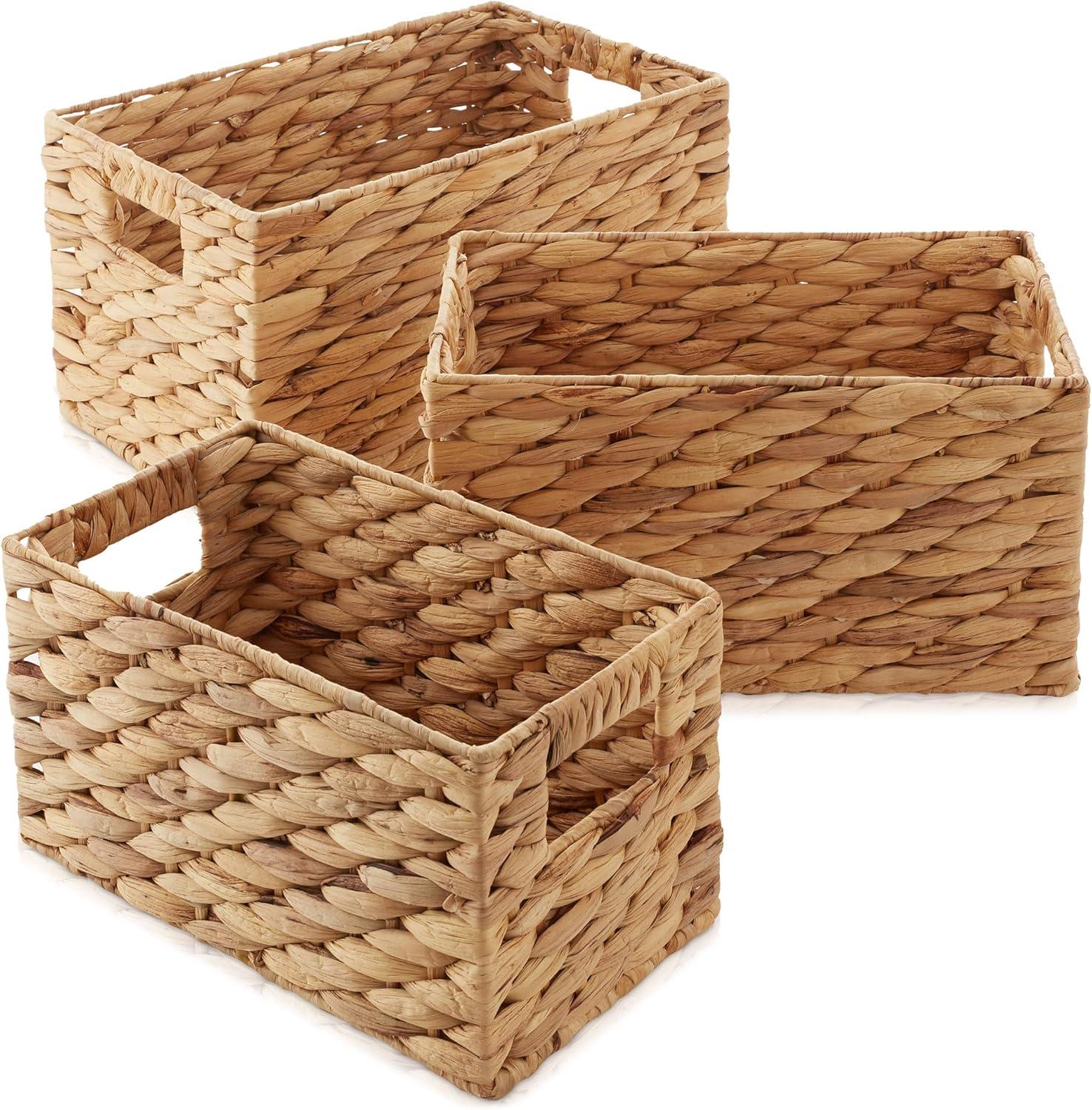 Casafield Set of 3 Water Hyacinth Storage Baskets with Handles - Small, Medium, and Large Woven Nesting Storage Bin Organizers for Shelves