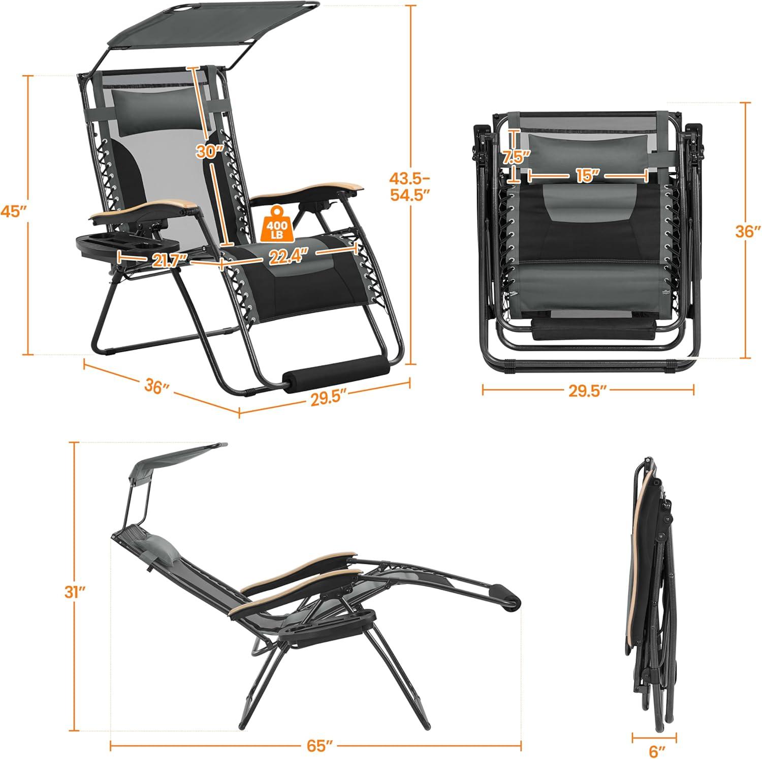 Yaheetech 29in Zero Gravity Chair, Adjustable Patio Padded Anti Gravity Recliner Foldable Outdoor Lounger with Cup Holder Tray, Canopy Shade and Headrest for Beach Camping Gray/Black/1