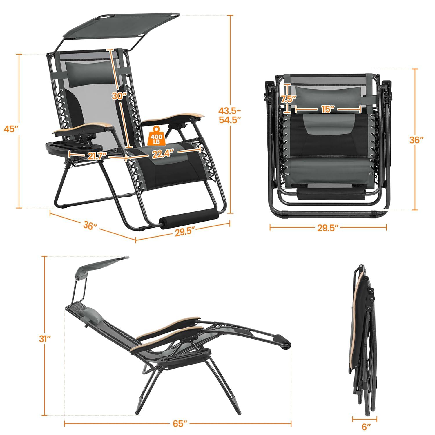 Yaheetech 29in Zero Gravity Chair, Adjustable Patio Padded Anti Gravity Recliner Foldable Outdoor Lounger with Cup Holder Tray, Canopy Shade and Headrest for Beach Camping Gray/Black/1