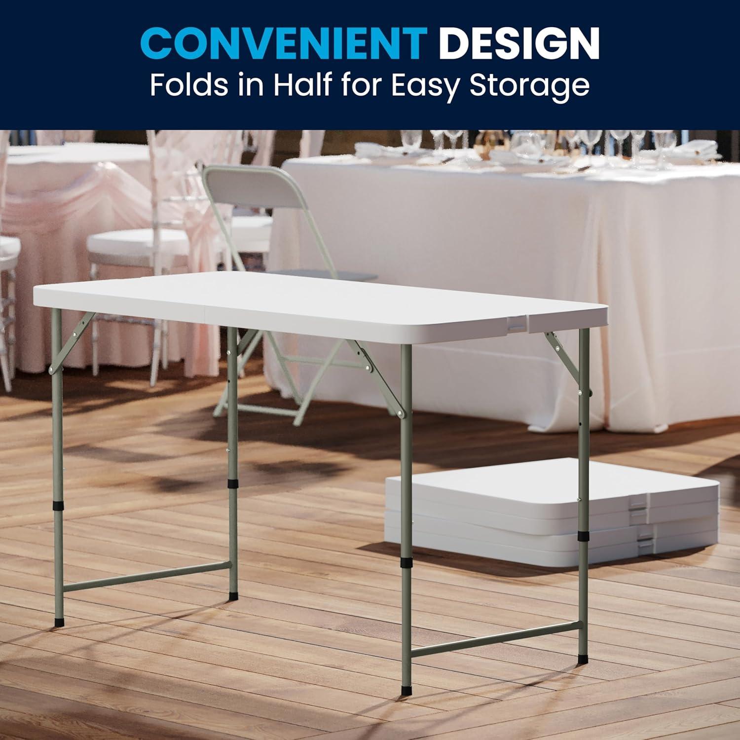 4' Rectangular Height Adjustable Indoor/Outdoor Plastic Folding Event Table, White