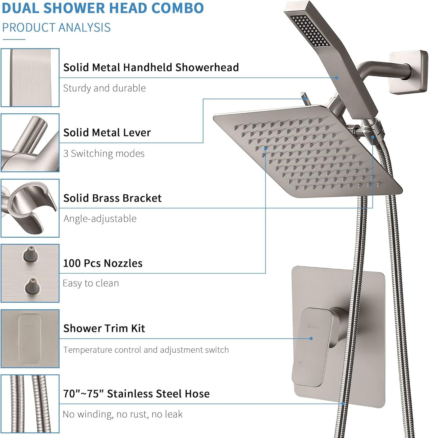 All Metal Shower Faucet Set, Dual Square Shower Head System with Handheld Wand & Rainfall Showerhead, Diverter, Hose Complete Combo, Pressure Balance Rough-in Valve Included