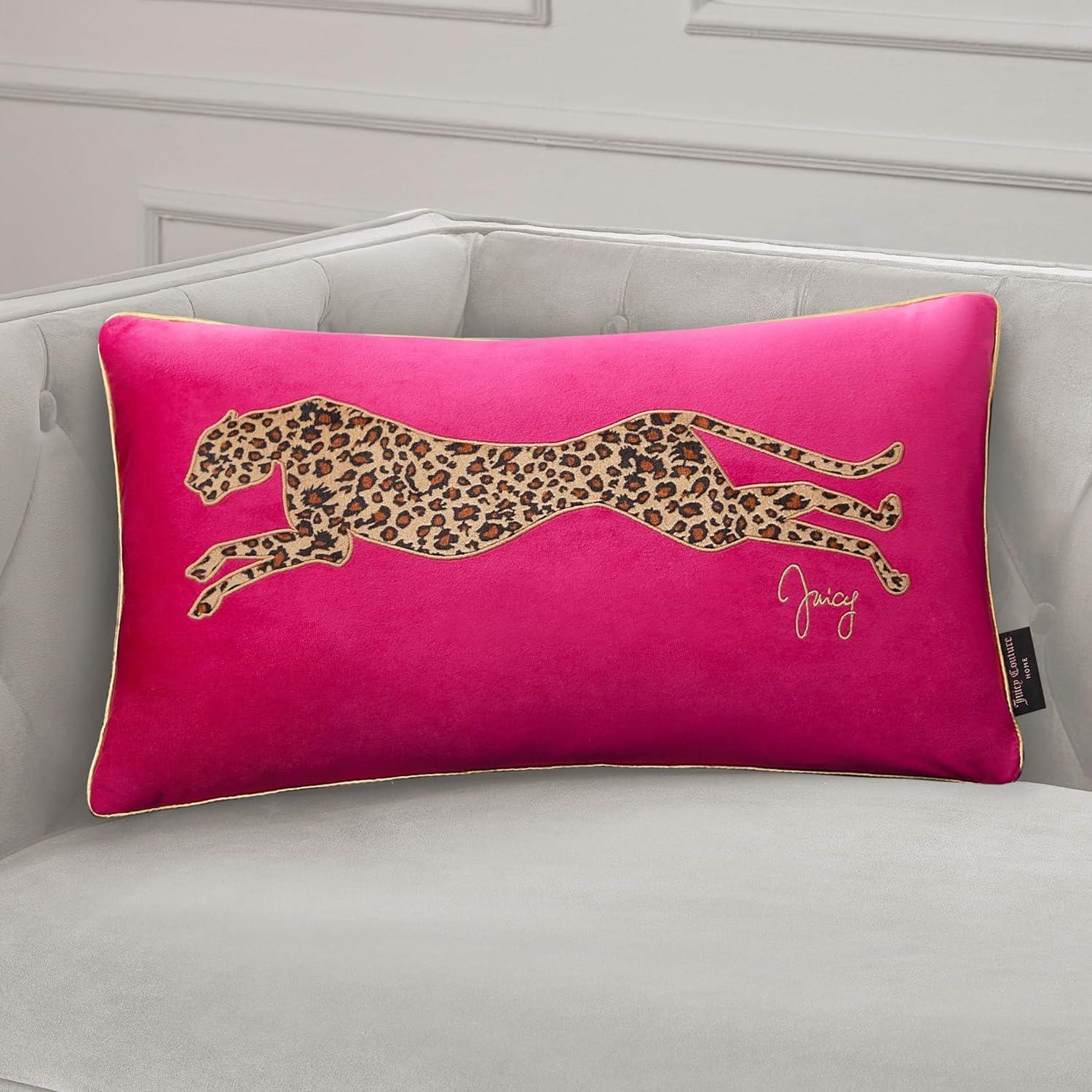 Hot Pink Velvet Cheetah Embroidered Rectangular Pillow