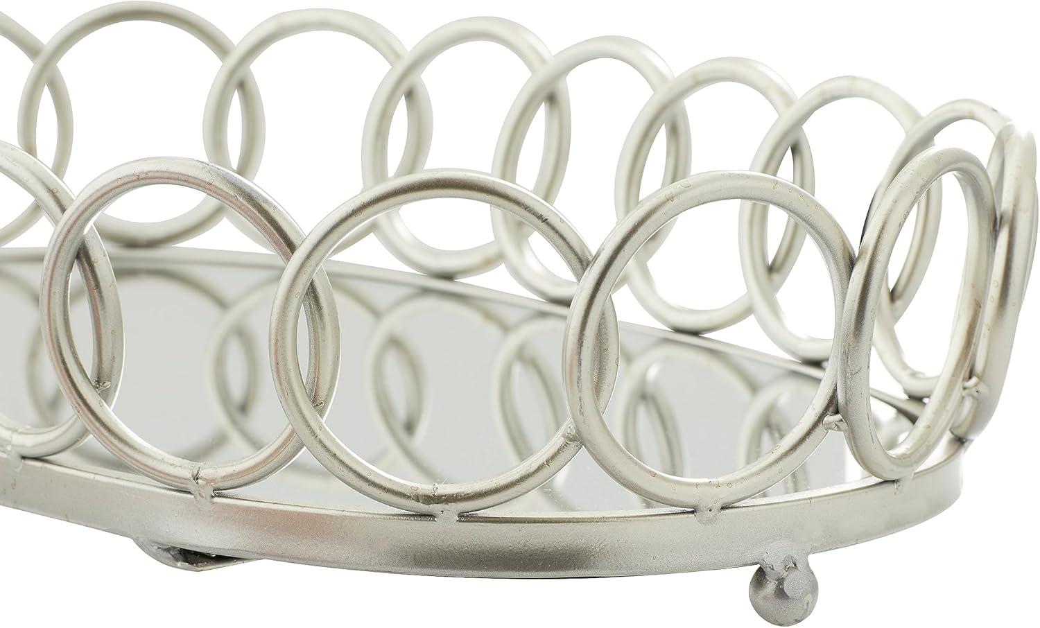 DecMode 22", 18"W Silver Metal Mirrored Geometric Tray with Circle Patterned Sides, 2-Pieces