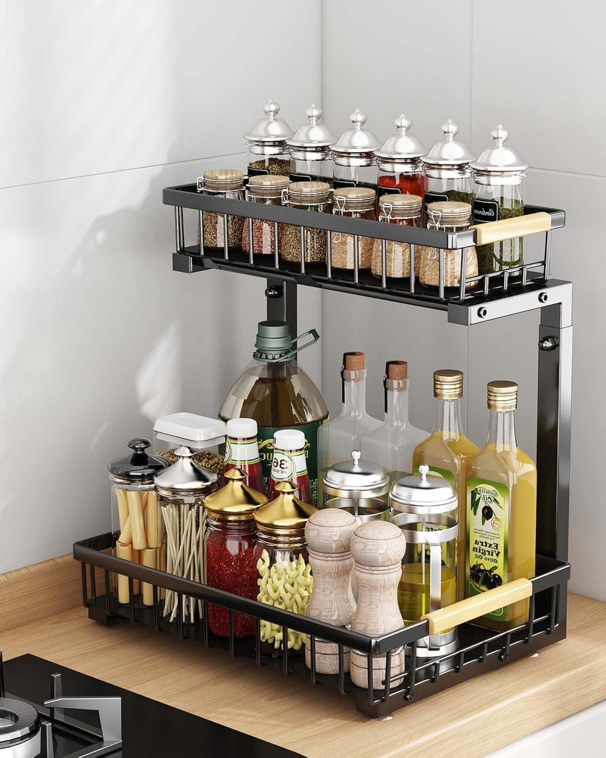 Rebrilliant Under Sink Organizer, 2 Tier Under Sink Organizers And Storage, Metal Slide Out Pull Out Cabinet Organizer ,2 Pack Sliding Drawer Organizer For Kitchen Bathroom Pantry