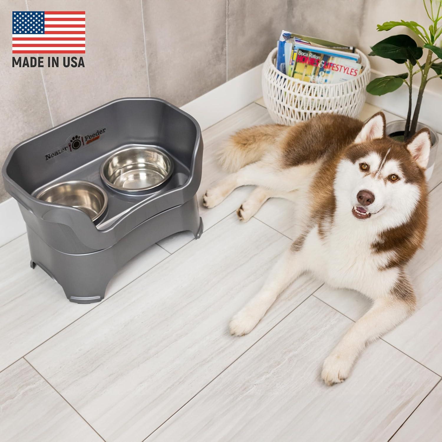 Neater Feeder - Deluxe Model - Mess-Proof Dog Bowls (Large, Gunmetal) - Made in USA - Elevated, No Spill, Non-Tip, Non-Slip, Raised Stainless Steel Food & Water Pet Bowls