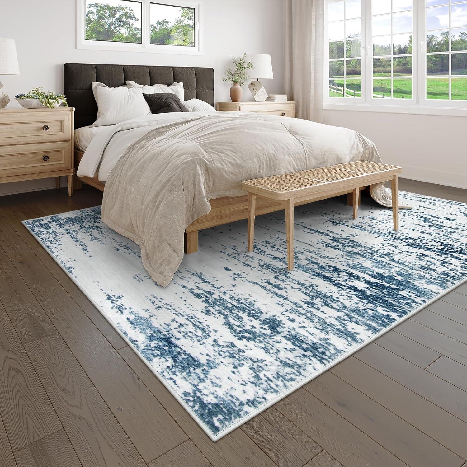 WhizMax 5'x7' Modern Blue Abstract Area Rug Machine Washable Contemporary Rug Soft Foldable Thin Accent Rug Anti-Slip Non-Shedding Floor Carpet