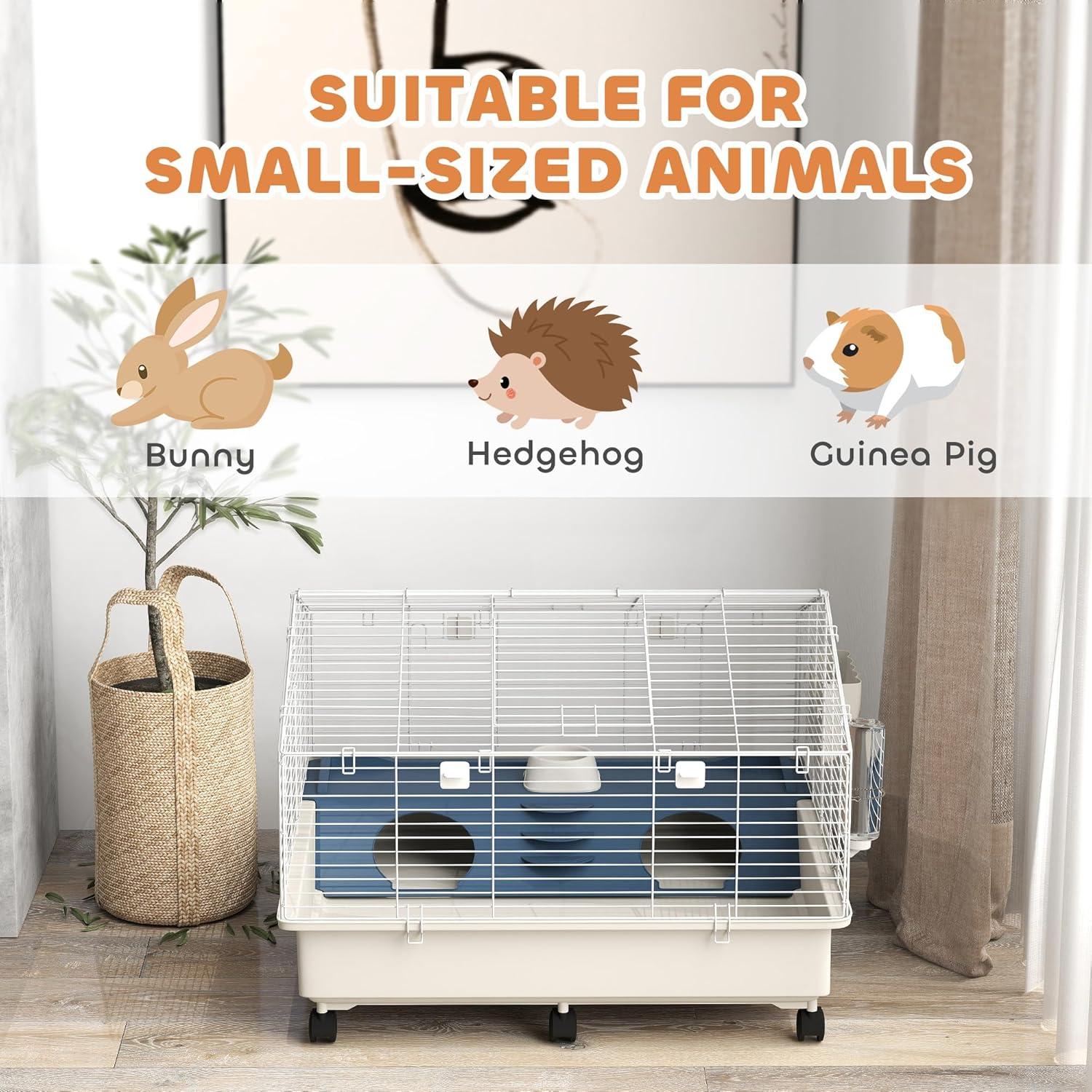 PawHut Small Animal Cage, Rolling Guinea Pig Cage with Water Bottle, Hay Feeder, Food Dish, Ramp, for Rabbits, Hedgehogs, 35" x 35" x 25", White