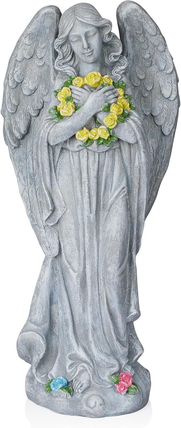 Alpine Corporation 29"H Angel with Yellow Flower Wreath Garden Statue