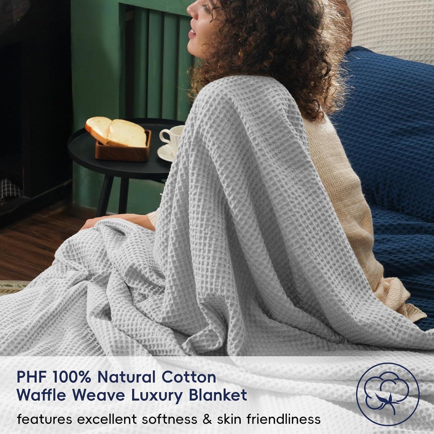 PHF Cotton Waffle Weave Blanket Lightweight Washed Cotton Bed & Couch Blanket, Light Grey, 66" x 90"