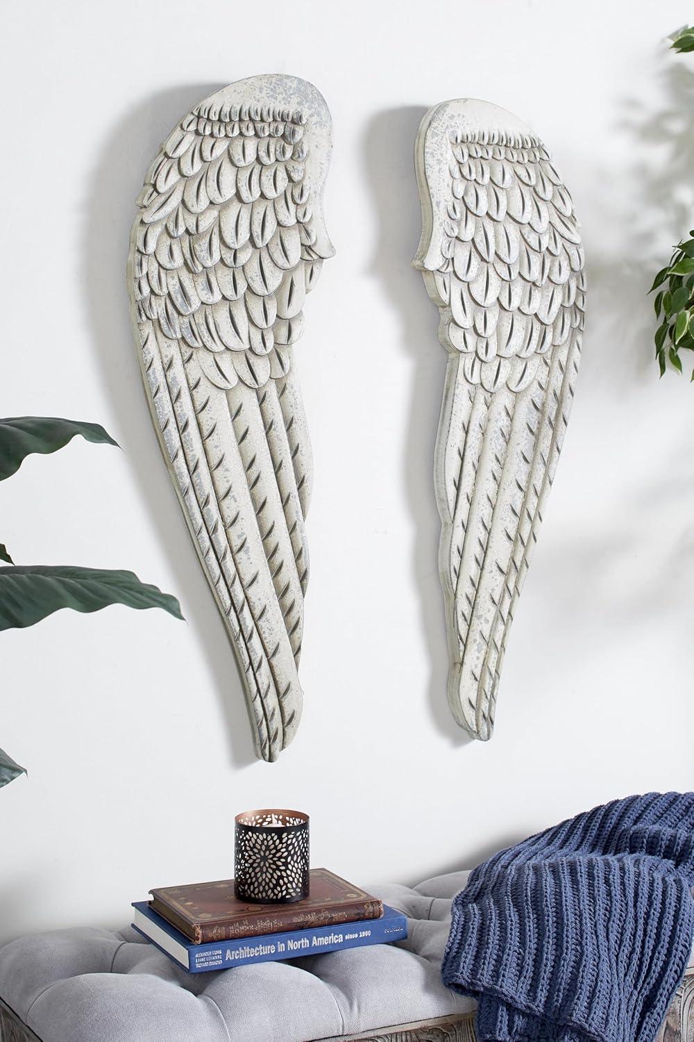 Wood Bird Carved Wings Wall Decor Set of 2 White - Olivia & May: MDF Vintage Style, Angel Relief Sculpture