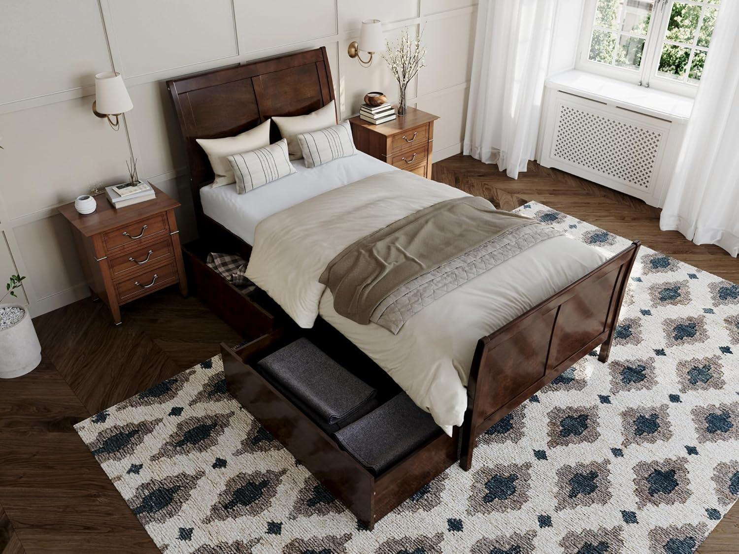 Walnut Twin XL Platform Bed with Sleigh Headboard and Storage Drawers