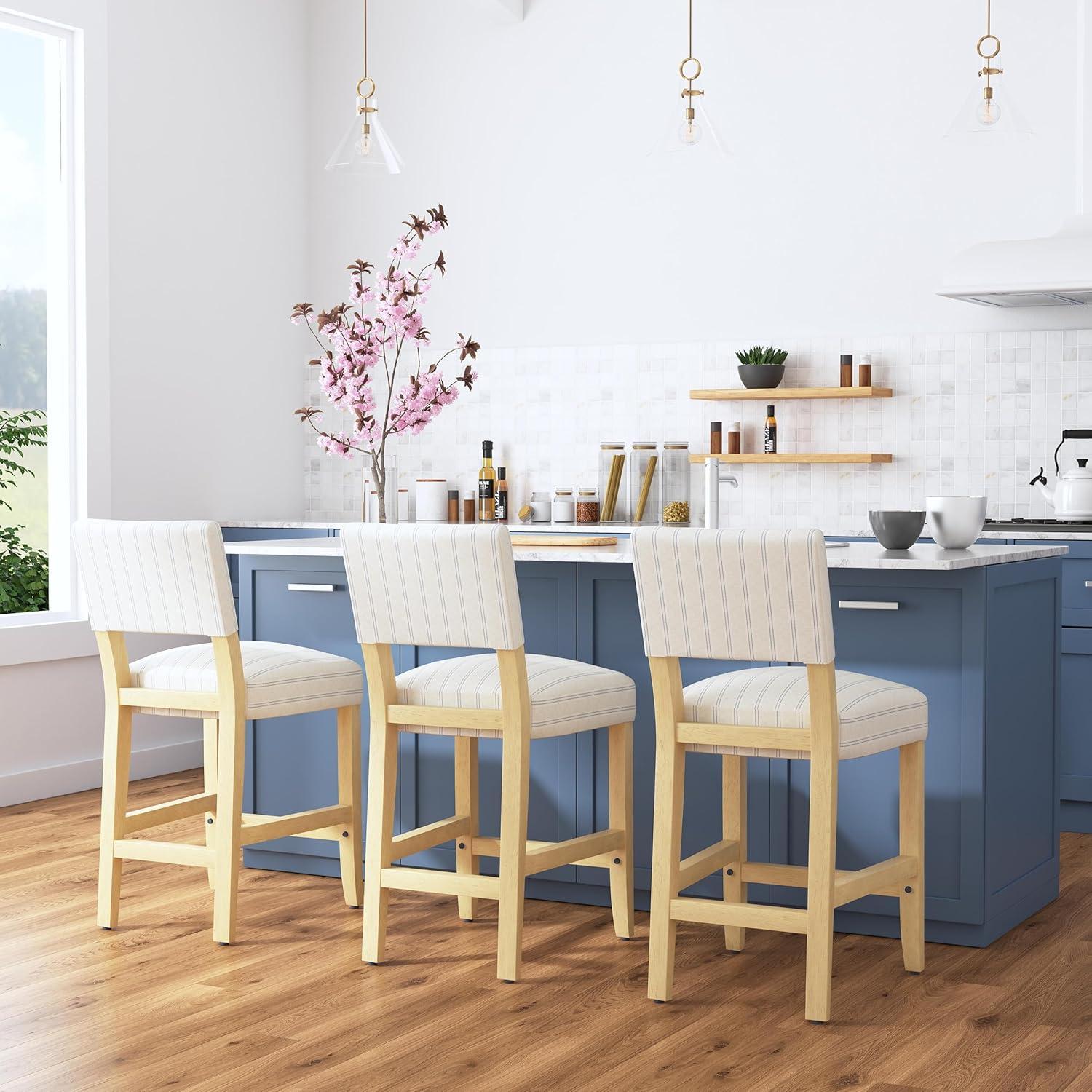 Blue and White Striped Upholstered Wood Counter Stool