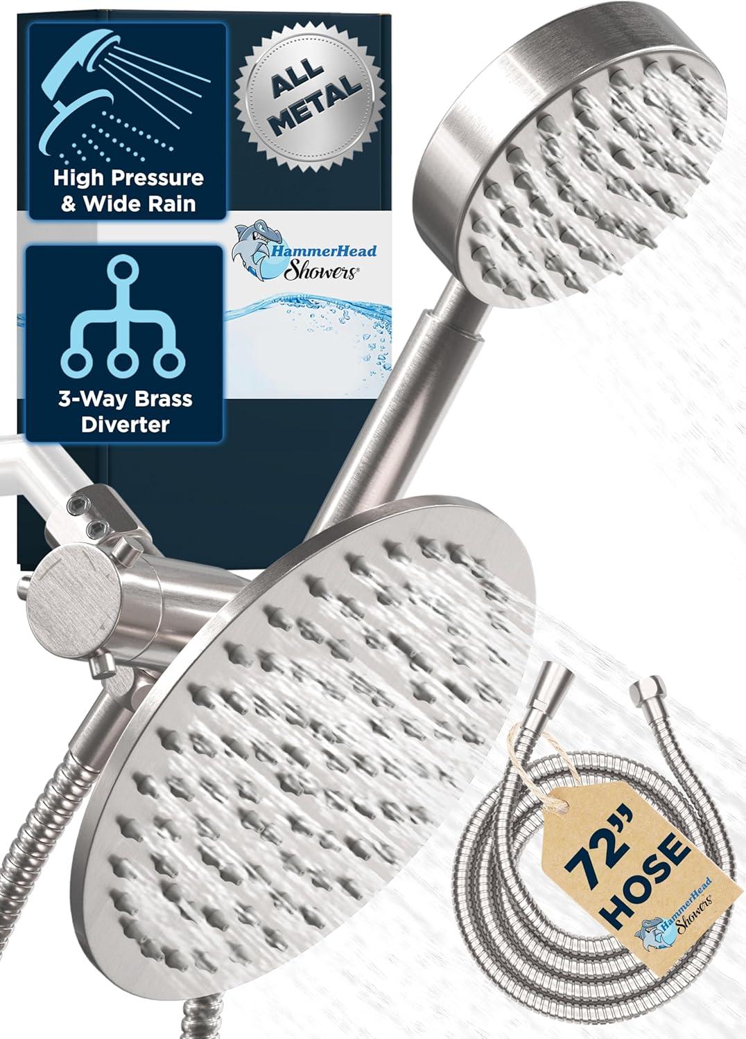 HammerHead Showers® Solid Metal Dual Shower Head Combo – BRUSHED NICKEL – 8 Inch Rainfall High Flow Shower Head & Handheld Shower Head High Pressure with Hose 6ft - Hotel-Like Double Shower Heads