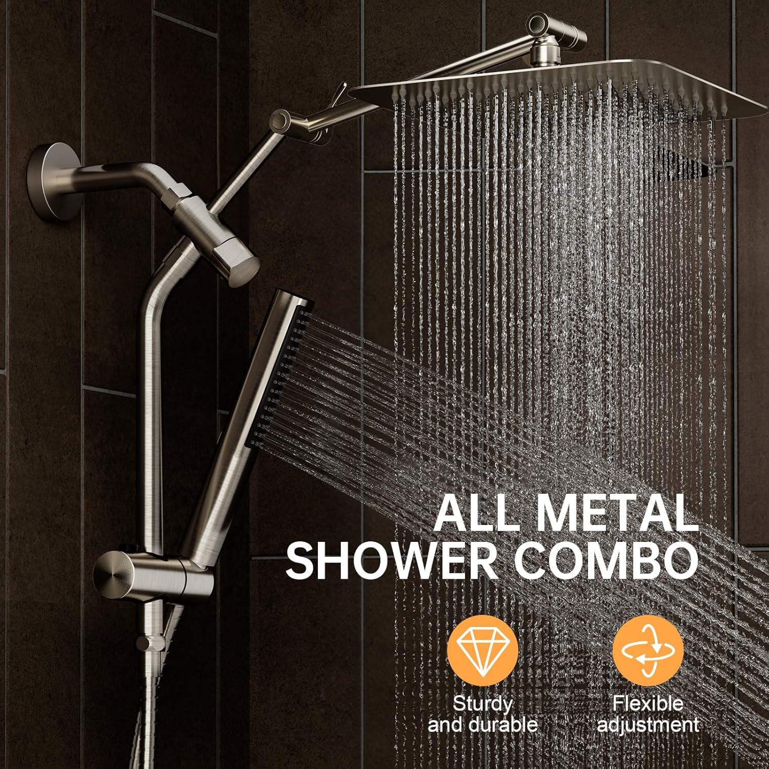 Veken Brushed Nickel Shower Head, 10'' All Metal Rain Shower Heads with Handheld Spray Combo, Hand Held Bathroom Combo with Extension Arm, Dual shower with Power Wash, Adjustable Rainfall Showerhead