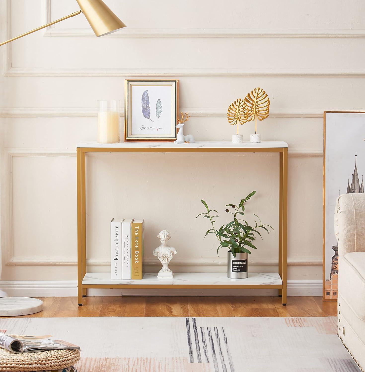 White Faux Marble and Gold Metal Double Layer Console Table