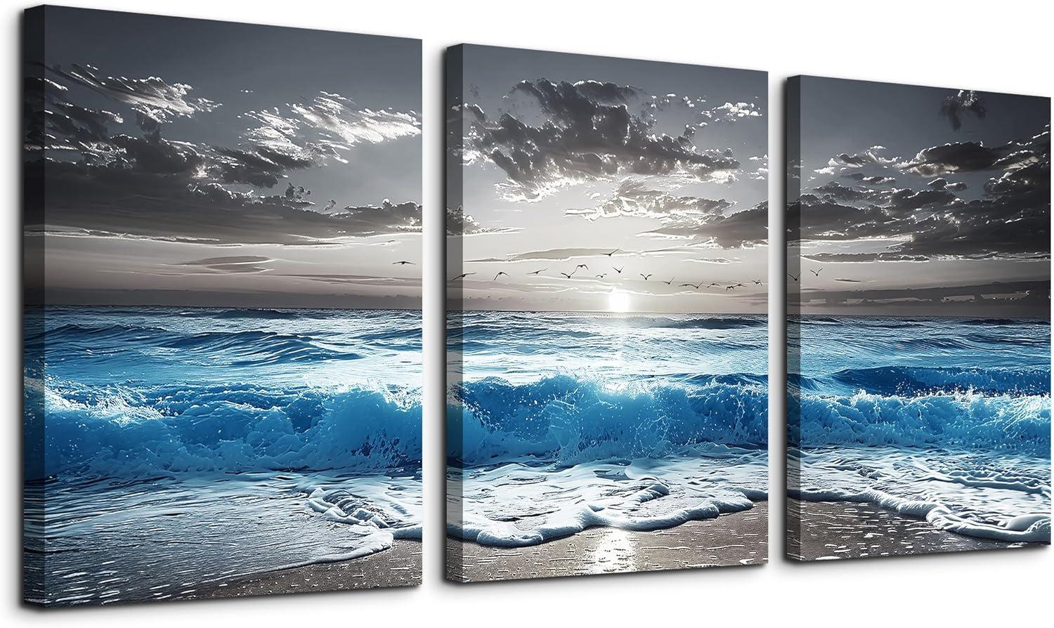 SERIMINO Beach Canvas Wall Art for Living Room, Blue Coastal Wall Decor for Bedroom, Seaside Pictures for Bathroom Wall Decoration, Ocean Painting Set for Office, Home Decor for Wall