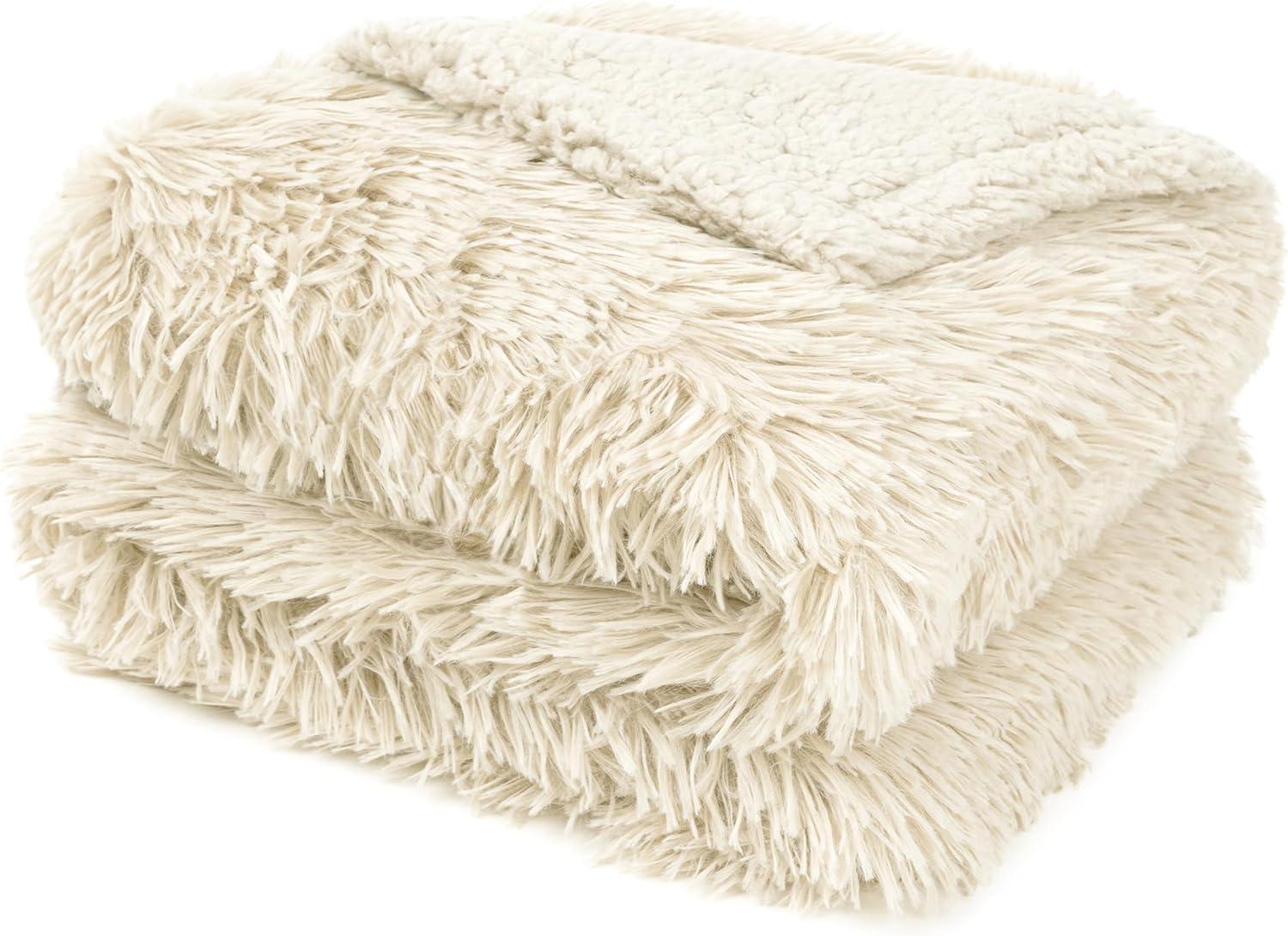 PAVILIA Fluffy Faux Fur Reversible Throw Blanket for Bed, Sofa, and Couch