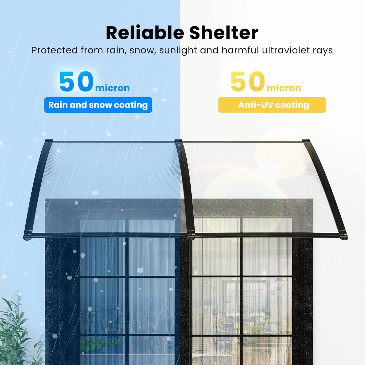 SPECSTAR Polycarbonate Window Door Awning Spliced Canopy Transparent with Black Bracket 40 Inch x 80 Inch