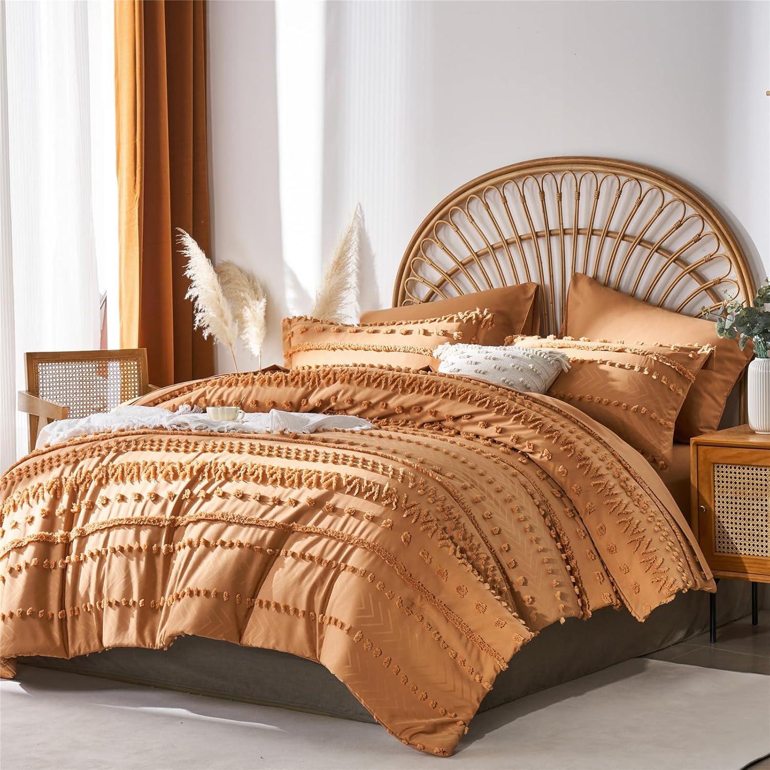 7 Pieces Queen Comforter Set, Pumpkin Tufted Boho Shabby Chic Bed in a Bag Comforter and Sheet Set, All Season Soft Microfiber Complete Bedding Set (Pumpkin, Queen)