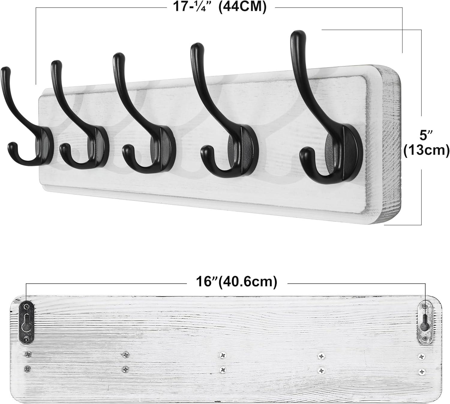 Weathered Pine Rustic Wall Mounted Coat Rack with 5 Black Hooks