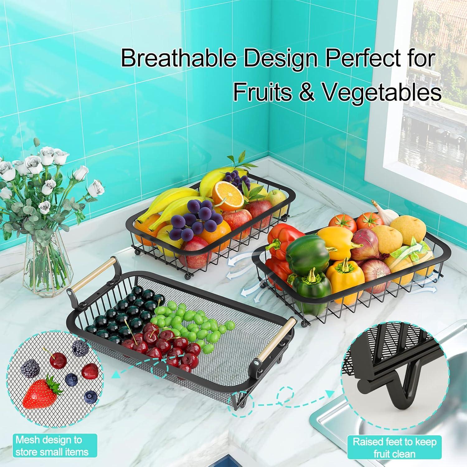 3 Tier Fruit Basket Bowl with 2 Banana Hangers for Kitchen Counter, Vegetable Countertop Produce Storage Holder, Large Capacity Metal Wire Fruits Stand Organizer for Onion Potato Bread Snack, Black