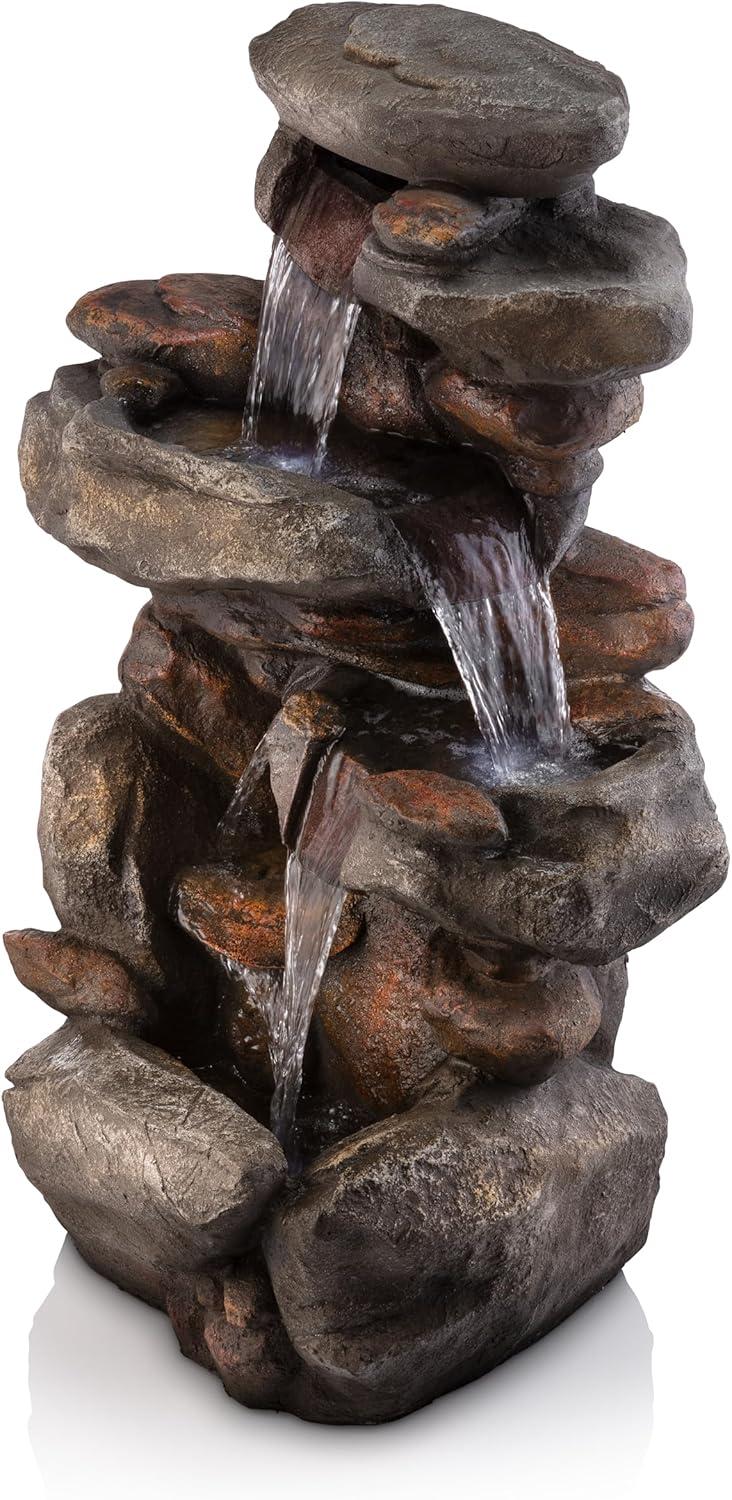 Gray Polystone Rock Waterfall Fountain with LED Light