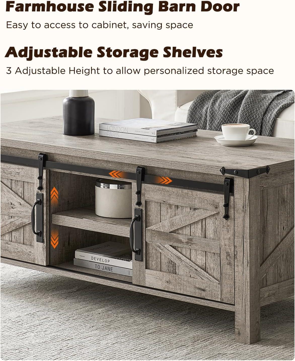 OKD Farmhouse Sturdy Coffee Table with Sliding Barn Doors and Storage Shelves for Living Room, Den, Family Room, or Office, Light Rustic Oak Finish