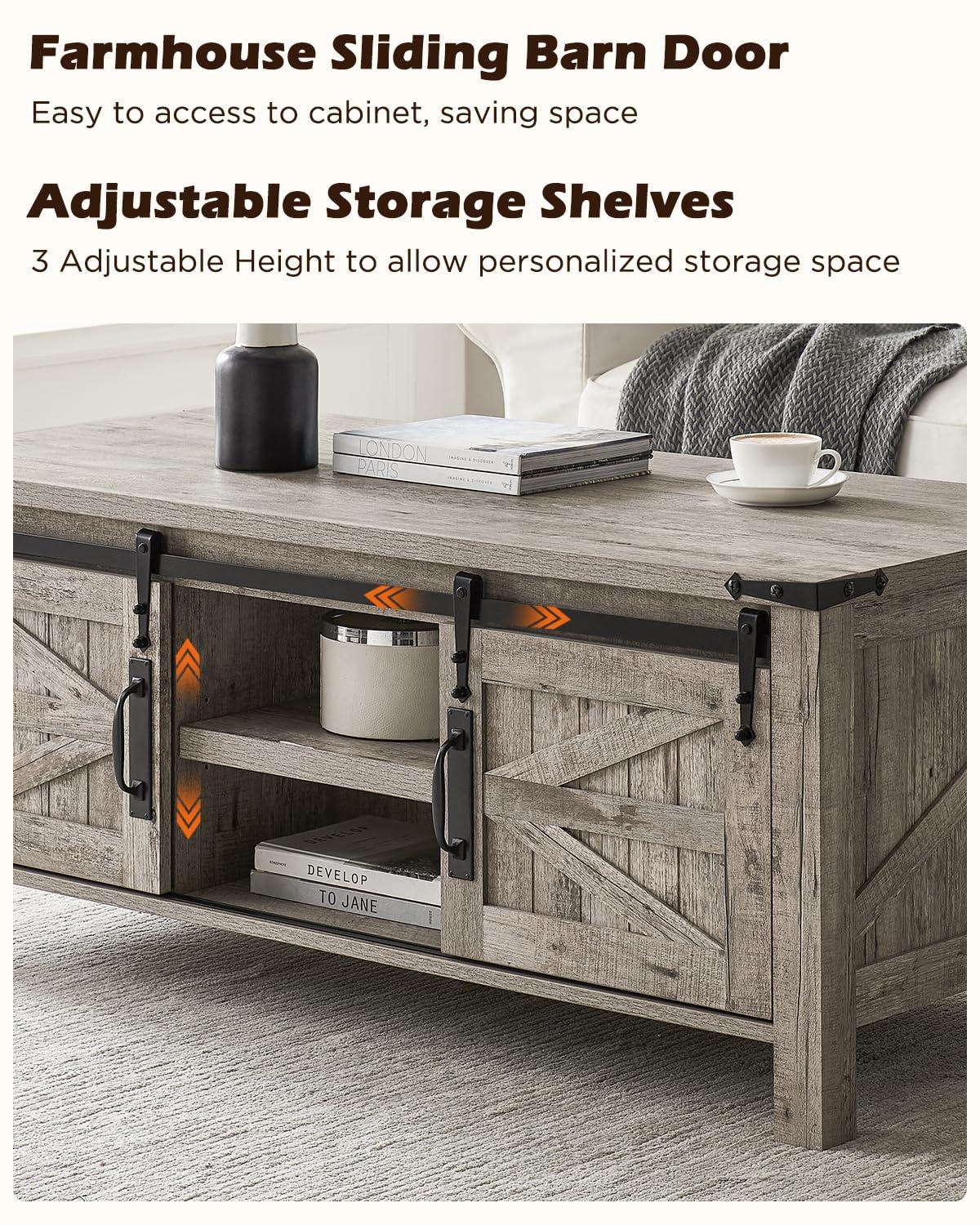 OKD Farmhouse Sturdy Coffee Table with Sliding Barn Doors and Storage Shelves for Living Room, Den, Family Room, or Office, Light Rustic Oak Finish
