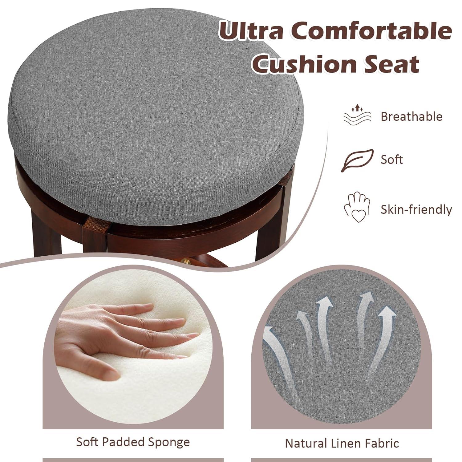 Costway Set of 2 Upholstered Swivel Round Bar Stools 26'' Wooden Pub Kitchen Chairs Gray