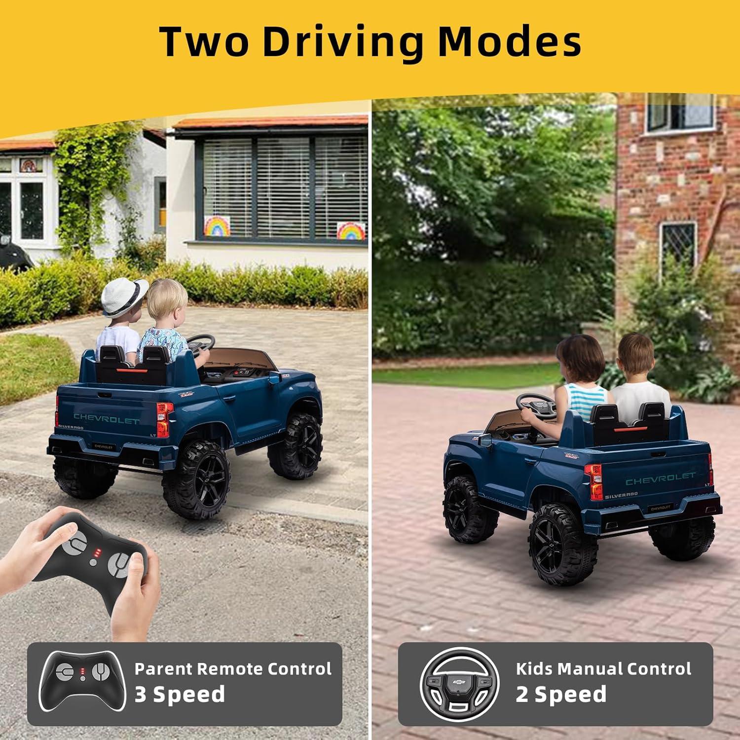 Chevrolet Silverado Autos Ride on con Motor de 24 V para Niños, Juguetes Ride on Extra Grandes de 2 Asientos con Control Remoto, Luz LED, Reproductor de MP3, Vehículos Eléctricos Camión Ride on para Niños y Niñas, Regalos, Azul
