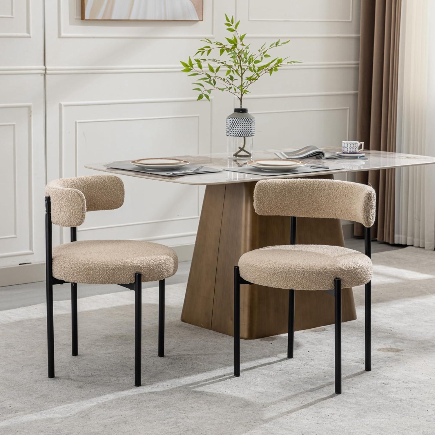 Set of 4 Beige Upholstered Dining Chairs with Black Metal Legs